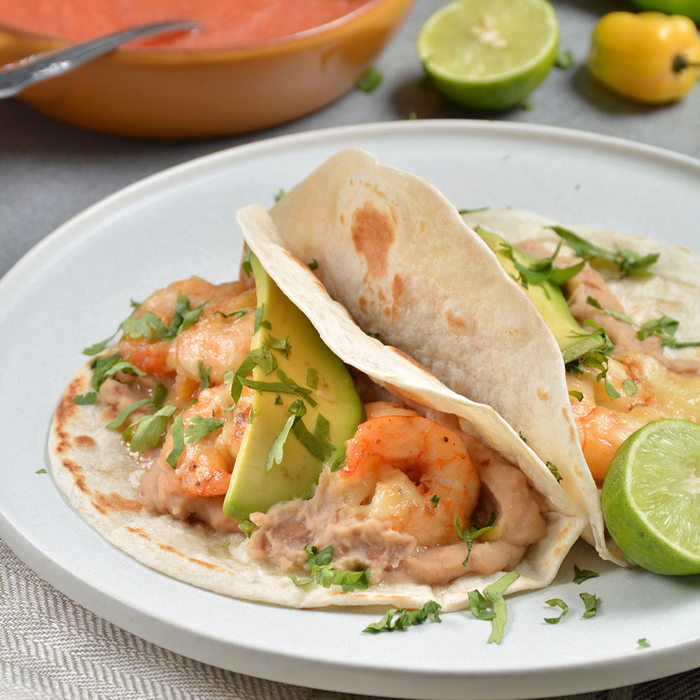 SHRIMP TACOS WITH REFRIED BEANS