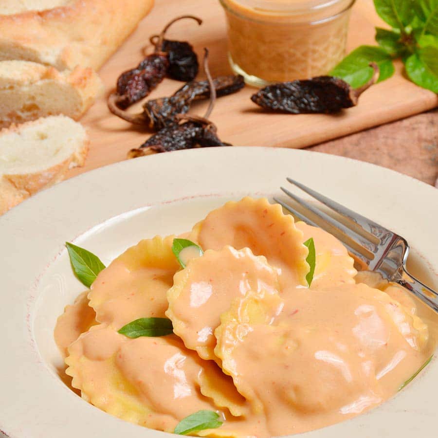 CHEESE RAVIOLIS WITH BEAN SAUCE