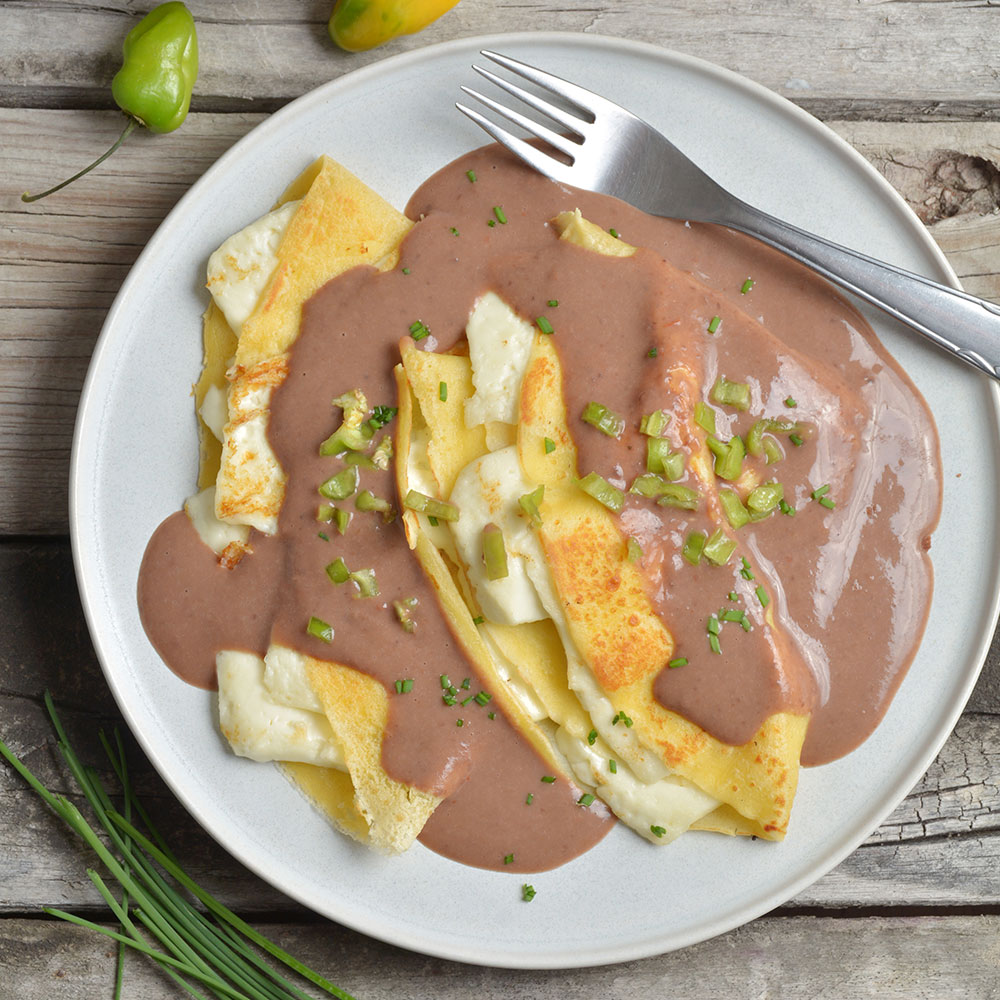 CHEESE CREPES WITH HABANERO AND BEAN SAUCE