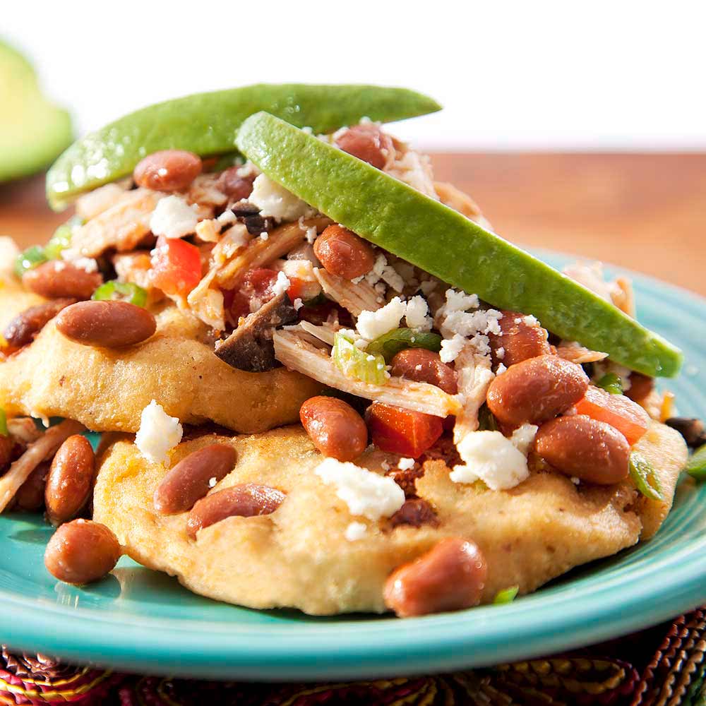 CORN & PINTO BEANS GRIDDLE CAKES TOPPED WITH CHICKEN